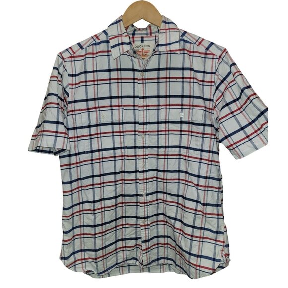 Dockers Mens Plaid Short Sleeve Button-Up Shirt M Red White & Blue Cotton - Picture 1 of 7